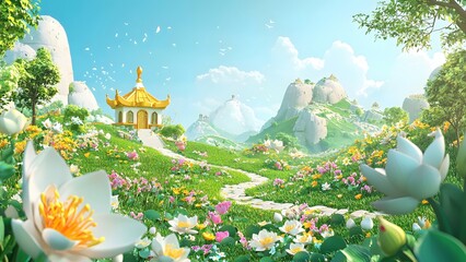 3D Cartoon Style Fantasy Flower Meadow Background
