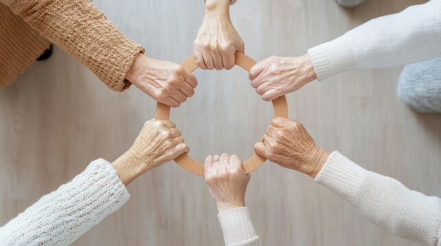 Hands of diverse individuals connected in unity and cooperation.