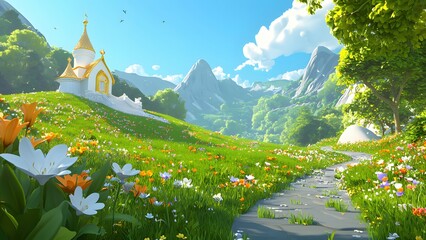 3D Cartoon Style Fantasy Flower Meadow Background