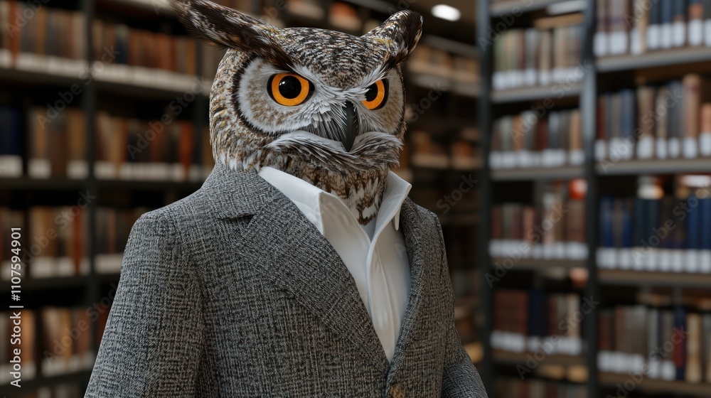 Poster an owl in a suit stands in a library, blending academia with a whimsical twist.