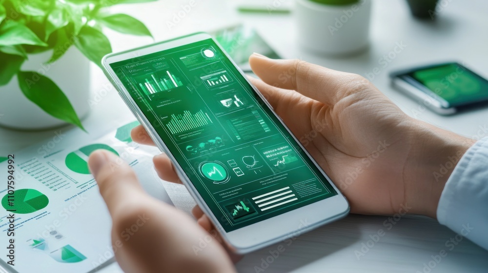 Poster A hand holding a smartphone displaying green data analytics and graphs.