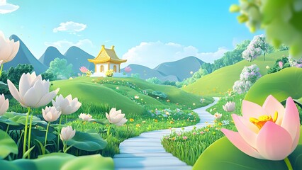 3D Cartoon Style Fantasy Flower Meadow Background