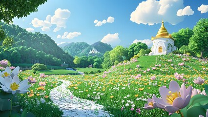 3D Cartoon Style Fantasy Flower Meadow Background