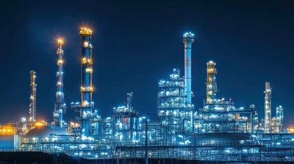 Bright lights illuminating a refinery at night, showcasing efficient fuel processing operations
