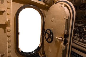 Open hatch door with wheel and locking mechanism, with isolated white space, in an industrial environment with pipes and valves in submarine