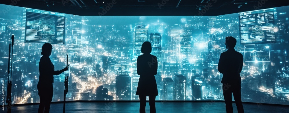 Poster a group observes a digital cityscape projection, highlighting data and technology integration.