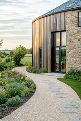 Fototapeta premium The entrance to an old stone and timber circular house in the style of a contemporary style, surrounded by fields with greenery. There is a curved cobblestone path leading up to it.