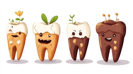 Delightful Cartoon Tooth Characters Representing Dental Health Stages with Expressions and Accessories for Children's Educational Materials and Dental Care Promotions