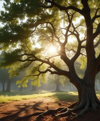 Fototapeta premium Morning sunlight illuminating oak tree branches and leaves, sunlit forest, natural wonder, nature photography