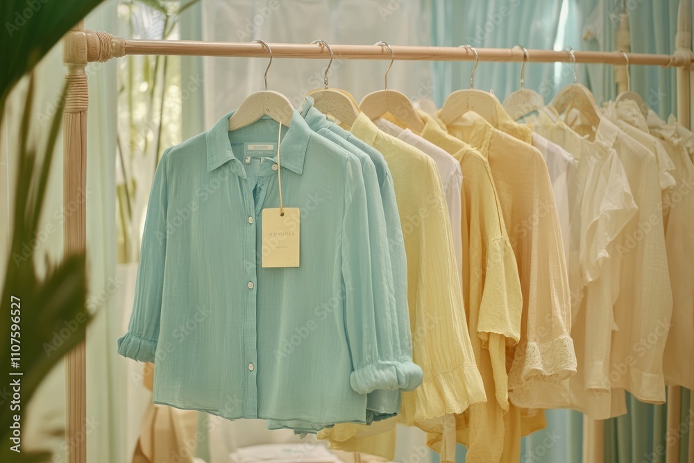 Poster a display of pastel-colored shirts hanging on a rack in a soft, inviting setting.