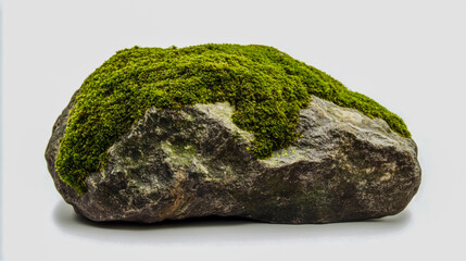Ancient moss-covered stone, isolated on a white background, natural element