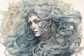 portrait of a woman with long wavy blue hair. Her hair seems to merge with the surroundings, creating a smooth and harmonious transition.  