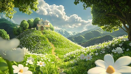 3D Cartoon Style Fantasy Flower Meadow Background
