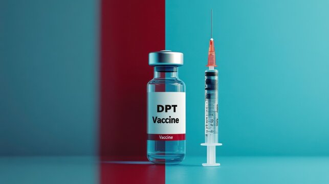 Modern Vaccine DPT Bottle with Syringe on Split Colored Background Representing Healthcare, Immunization, and Disease Prevention in Contemporary Graphic Style