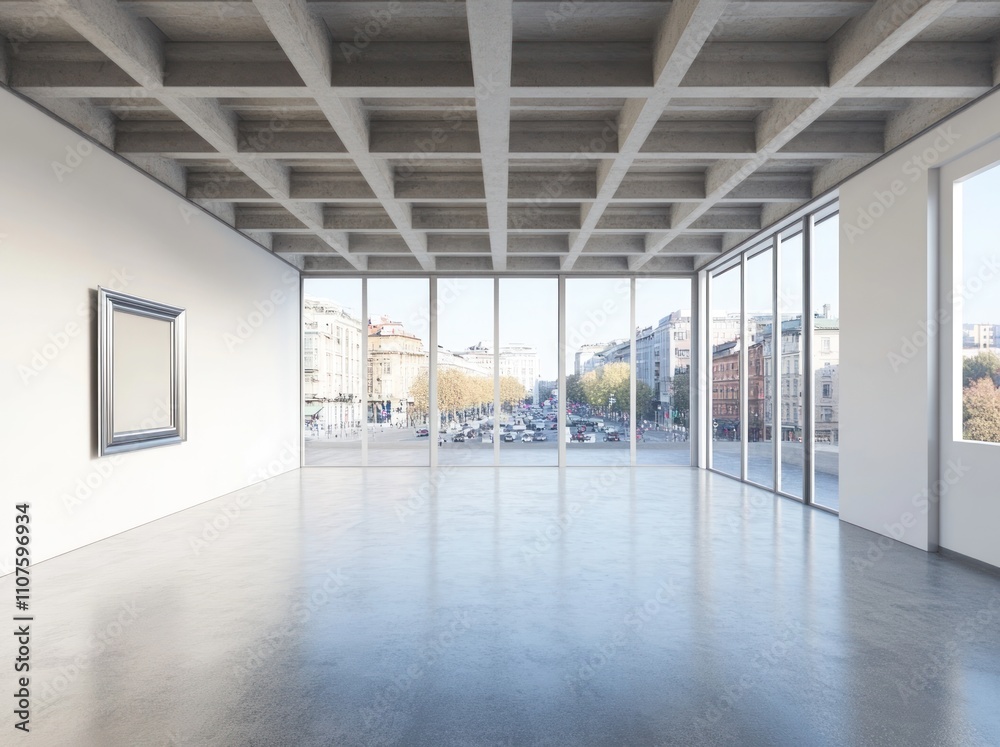 Poster A modern gallery space with large windows overlooking a cityscape.