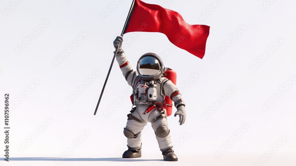 Poster a small astronaut proudly holds a red flag against a minimalist background.