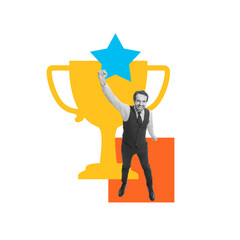 Win win. Businessman celebrates win with trophy and star, symbolizing achievement and recognition...