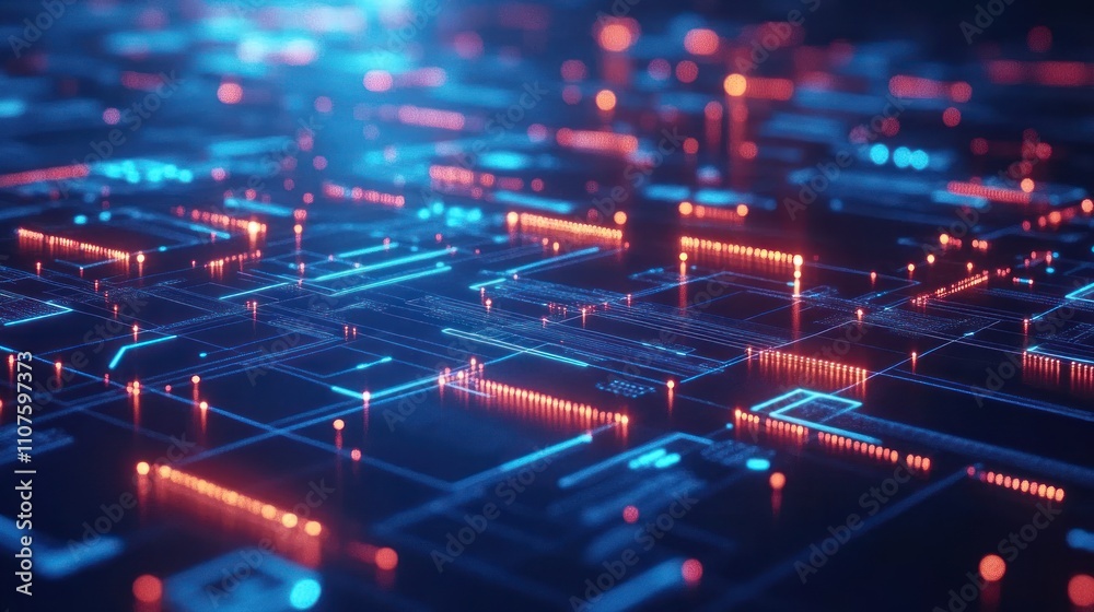 Poster a digital grid with glowing nodes and lines, representing technology and data flow.