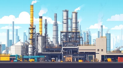 Obraz premium Fuel processing plant with tall distillation columns and heavy machinery operating seamlessly