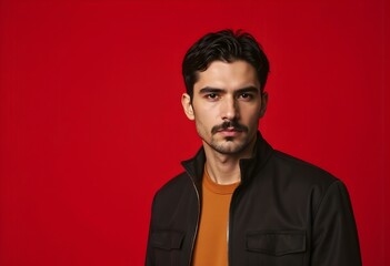 Obraz premium Caucasian man with mustache standing over red background relaxed with serious expression on face. simple and natural looking at the camera. 