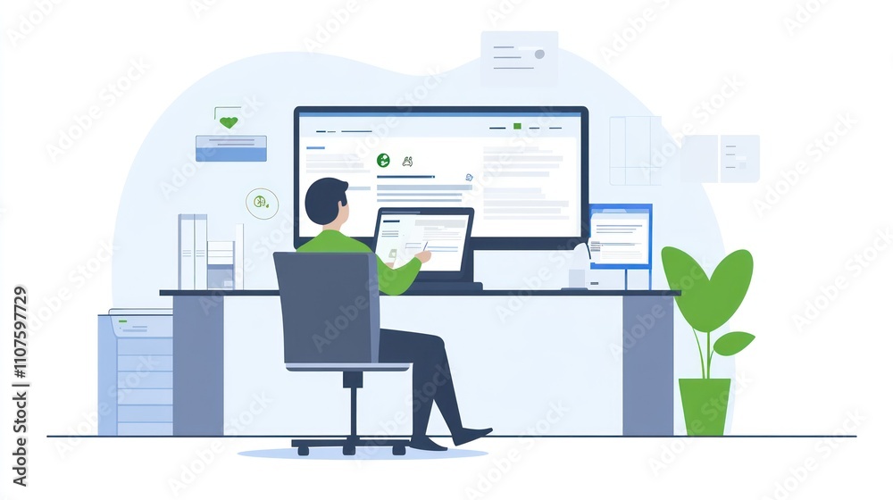 Poster A person working at a desk with a computer, surrounded by office elements and plants.