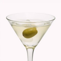 Dirty Martini with one olive rendered isolated on white background minimalist high-contrast