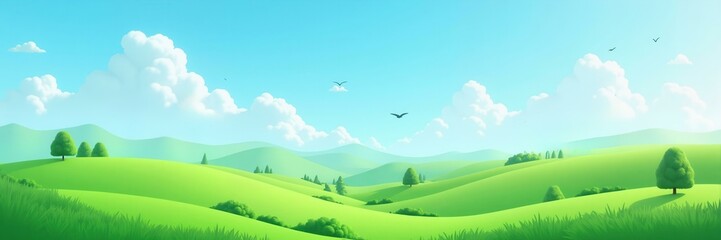 Obraz premium Cartoon Green Hills Landscape Illustration Bright Sunny Day Clouds Sky Birds Nature Scenery