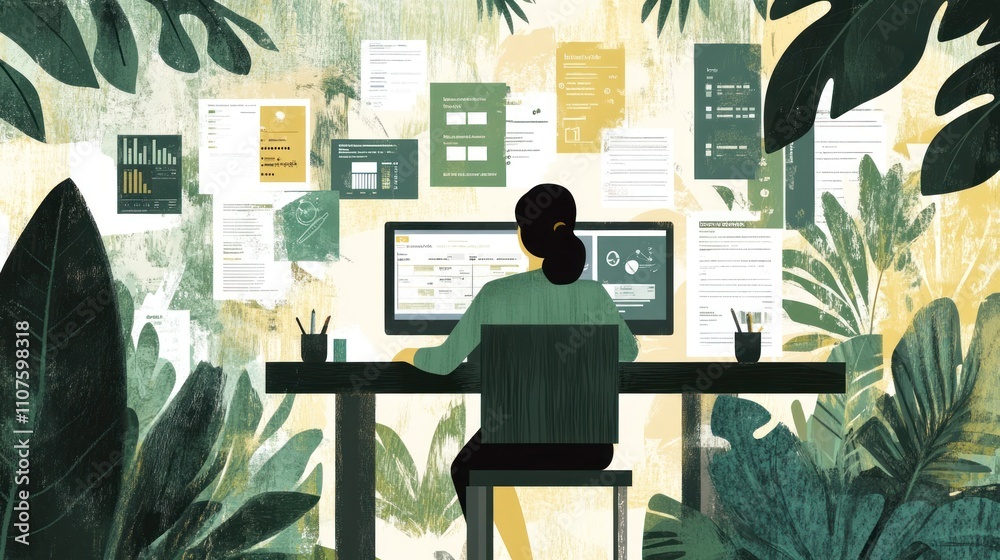 Aufkleber a person working at a desk surrounded by documents and plants, focusing on productivity.