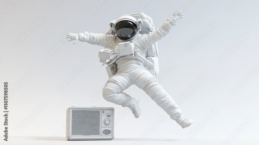 Aufkleber an astronaut joyfully leaps beside a retro radio, blending space and nostalgia.