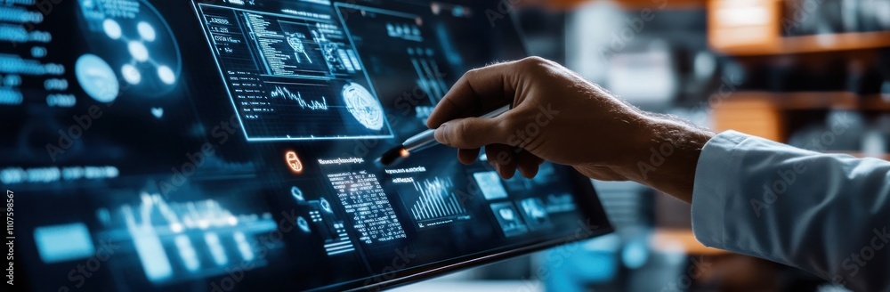 Poster A hand interacts with a digital touchscreen displaying various data visualizations.