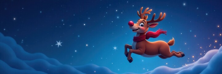 Fototapeta premium Cute Reindeer Flying in Winter Night Sky Christmas Holiday Illustration