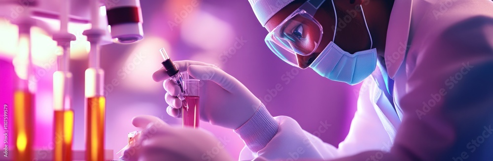 Poster A scientist conducts an experiment in a lab, mixing substances in test tubes.