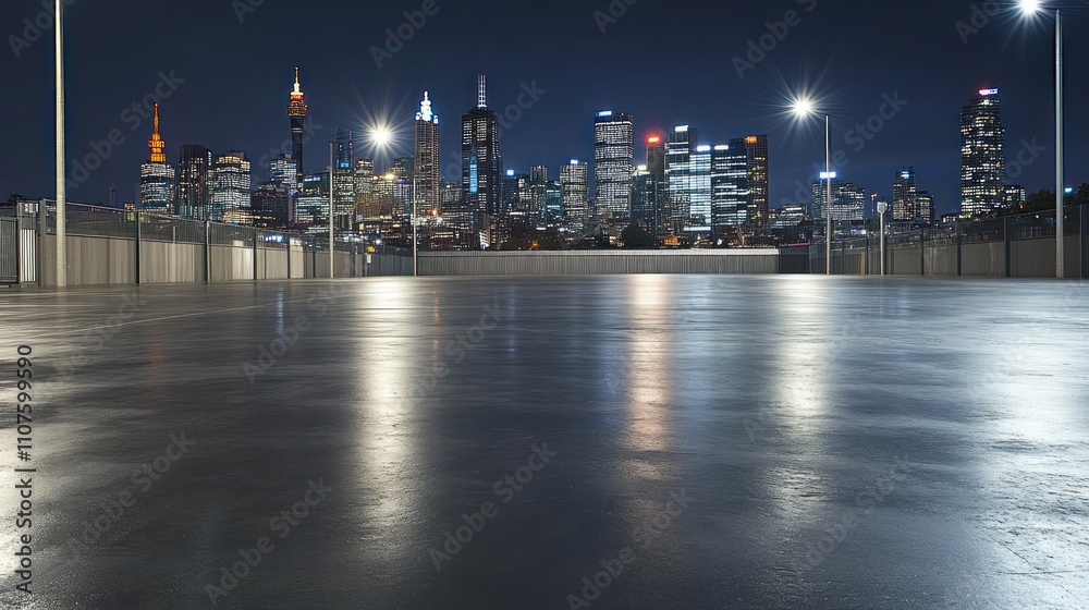 Poster a nighttime cityscape view reflecting on a smooth surface.