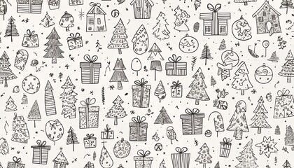 Obraz premium Charming Hand Drawn Christmas Pattern: Festive Trees, Gifts, and Holiday Decorations