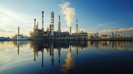 Obraz premium Oil refinery plant reflecting on water, showcasing a serene yet industrial atmosphere