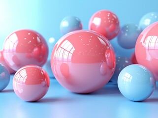 On a pale blue background, balls are balanced to illustrate geometric primitive shapes, symbolizing balance in a modern minimalist style.