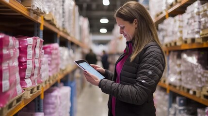 A woman in a black jacket interacts with a tablet while standing in an organized storage facility surrounded by shelves filled with various goods.