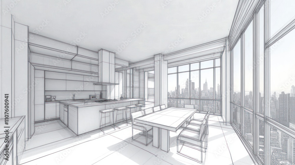 Poster a stylized architectural rendering of a modern kitchen and dining area with city views.