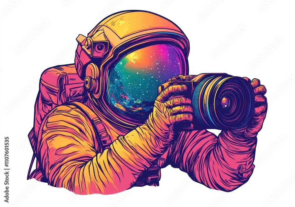 Poster an astronaut taking a photo with a colorful, cosmic reflection in their helmet.