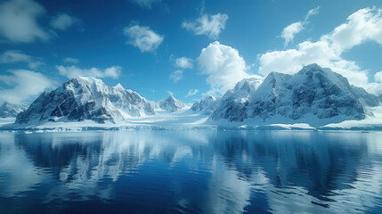 Obraz premium A stunning view of snow-covered mountains reflecting in calm glacier waters, showcasing the beauty of nature in a serene and remote environment