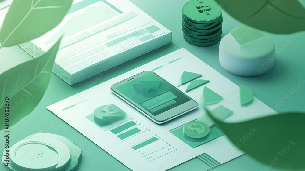 Poster a modern workspace with digital tools and geometric shapes in green tones.