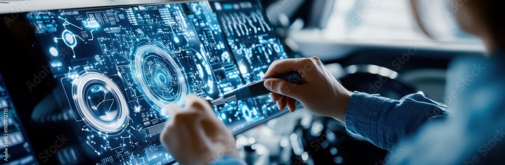 Poster A person interacting with a futuristic dashboard displaying digital data and controls.