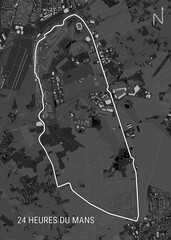 A grayscale aerial map depicts the Circuit de la Sarthe, the racetrack used for the 24 Hours of Le Mans endurance race. The track is outlined in white, winding through a landscape of buildings.