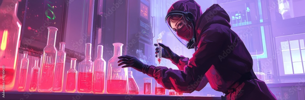 Poster A scientist in a lab wearing protective gear, mixing colorful liquids in glassware.