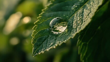 Close-Up of Water Droplet on Green Leaf Surface in Natural Light