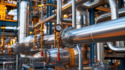 Close-up of refinery pipes with hot steam and fuel processing in full action, detailed industrial view
