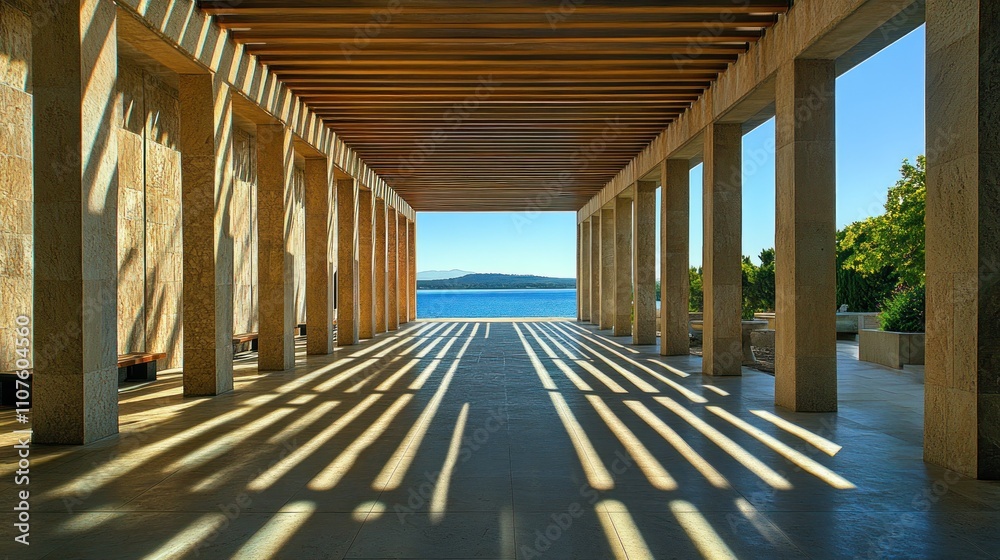 Fototapete a serene architectural space with columns and a view of water, emphasizing light and shadow.