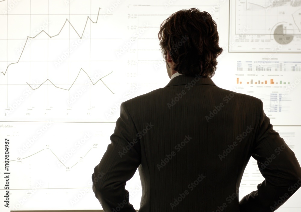 Poster A person in a suit analyzes data on large screens displaying various graphs and charts.
