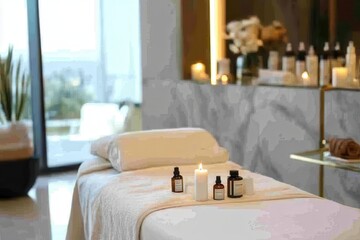An inviting spa treatment space featuring candles and essential oils, designed to promote relaxation and rejuvenation in a calming environment for ultimate tranquility and self-care.