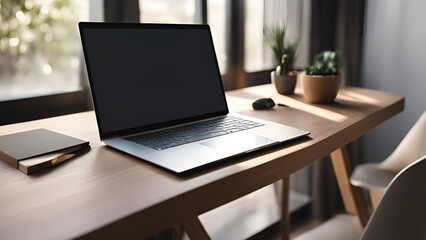 Fototapeta premium The laptop is shut, featuring a blank display. This acts as a mock-up for a computer screen